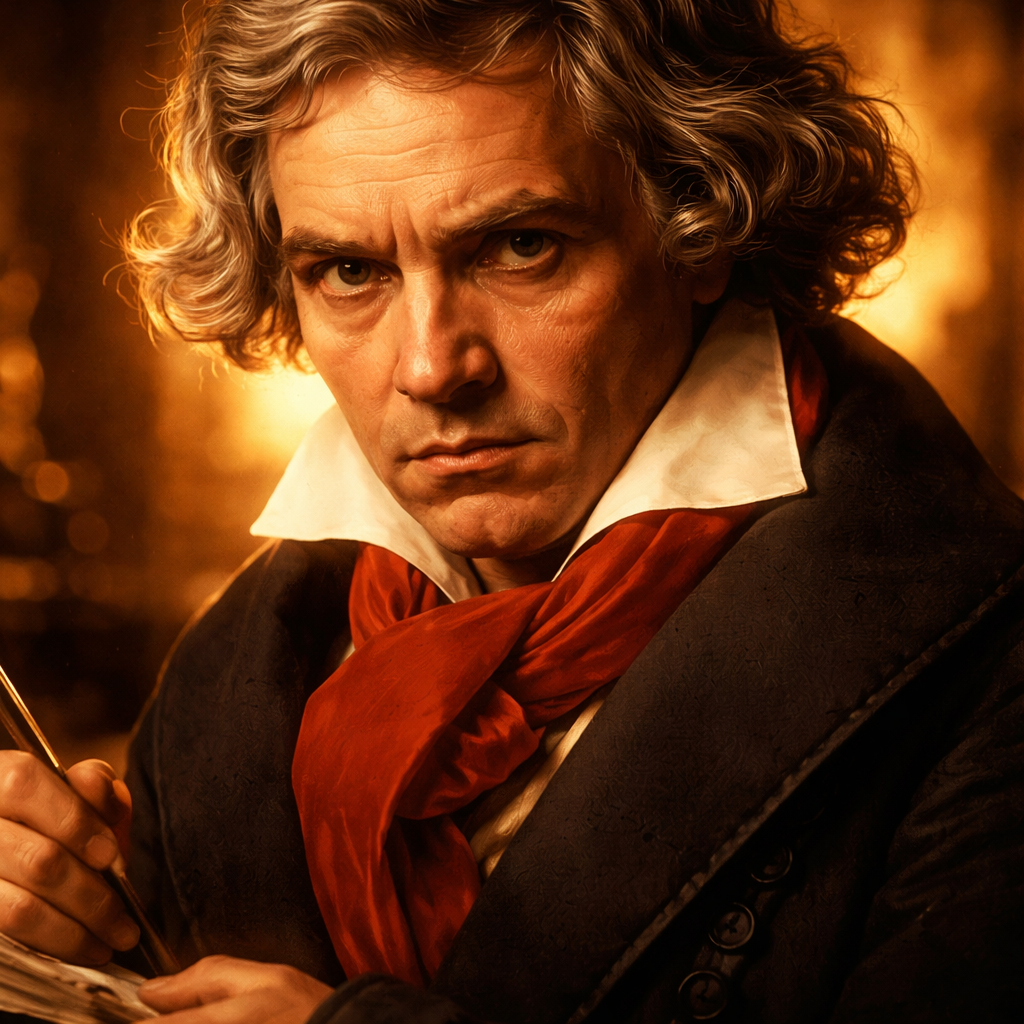 Ludwig van Beethoven began losing his hearing in his late 20s. By his mid-30s he was contemplating suicide and wrote what's called the Heiligenstadt Testament — a letter to his brothers never sent, saying he'd considered ending his life but couldn't, because he hadn't yet produced what he felt capable of. He kept composing. By the time he wrote his Ninth Symphony he was completely deaf — he conducted the premiere in 1824, and when it ended he kept beating time, unaware the orchestra had stopped. A soloist had to turn him around to see the audience's standing ovation. He never heard the final chord. He died in 1827, and it's estimated 20,000 people attended his funeral procession through Vienna.