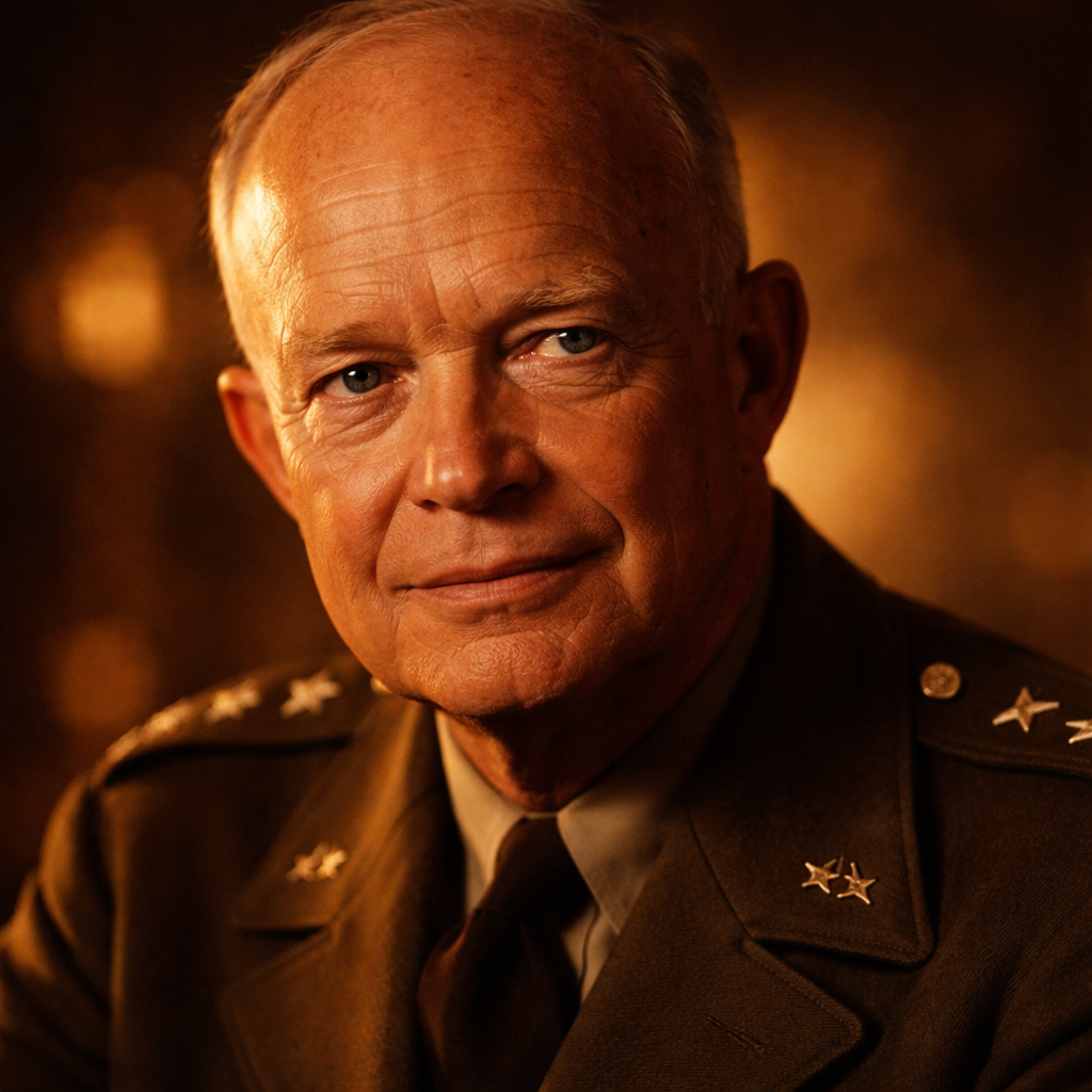 Dwight Eisenhower commanded the largest military operation in history — the D-Day landings of June 1944 — and wrote a letter taking full personal responsibility in case it failed, which he kept in his pocket all day. The letter was found in his papers decades later. As president from 1953 to 1961, he ended the Korean War, oversaw postwar prosperity, and warned in his farewell address against the 'military-industrial complex' — a phrase he coined. People didn't believe he meant it. He was born in Denison, Texas, in 1890, grew up in Abilene, Kansas, and died in Washington on March 28, 1969, from congestive heart failure. His last words: 'I want to go. God, take me.'