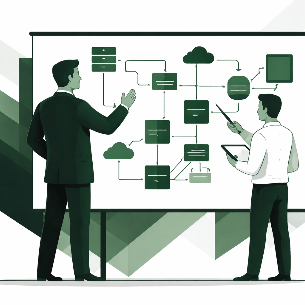 Geometric illustration of two people collaborating on technical architecture